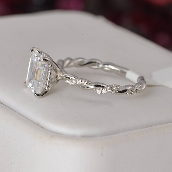 Certified Moissanite 3ct Emerald Cut Egagement Ring 925 Sterling Silver - Picture 3 of 7